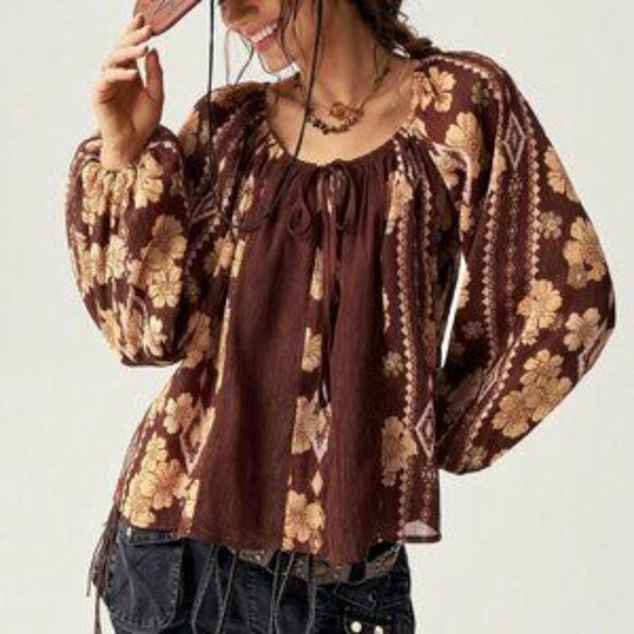 Multicolor Boho Women's Brown Relaxed Fit Pattern Patchwork Shirt - Picture 6 of 7